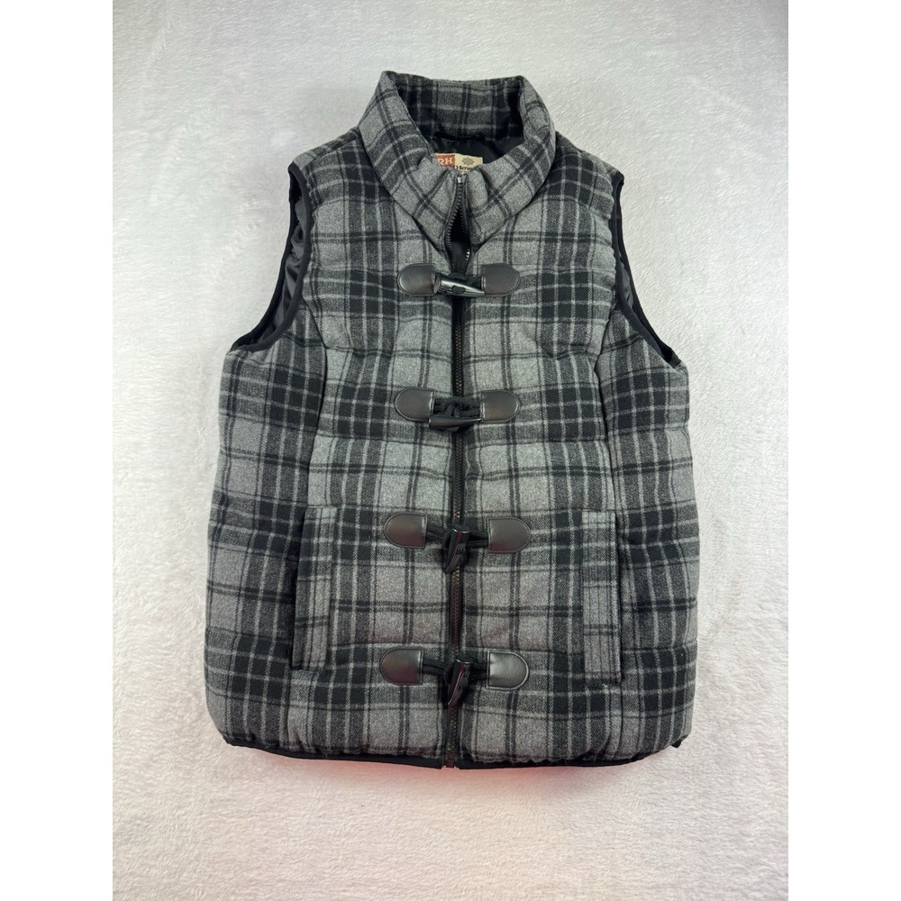 Ruff Hewn Womens Wool Puffer Vest Medium Gray Black Plaid Horn Toggle Zip Pocket